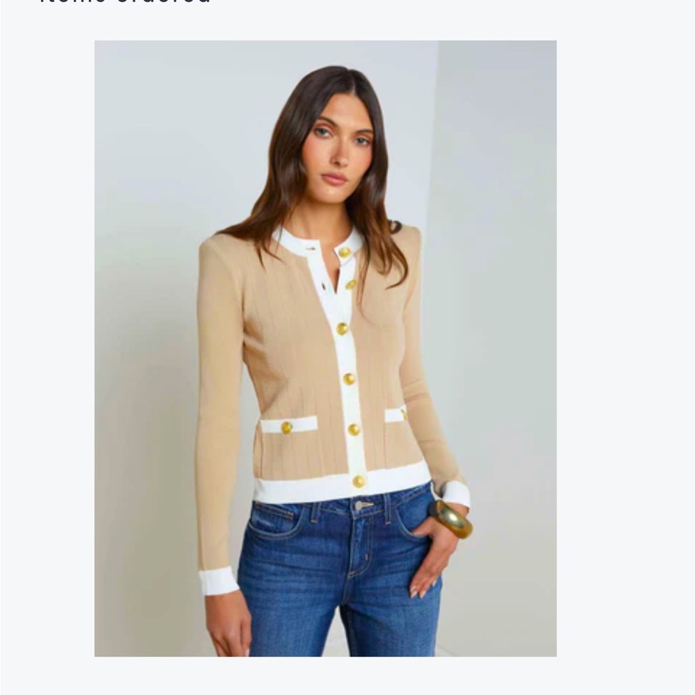 L'AGENCE Tan and Cream Sweater with Gold Buttons
